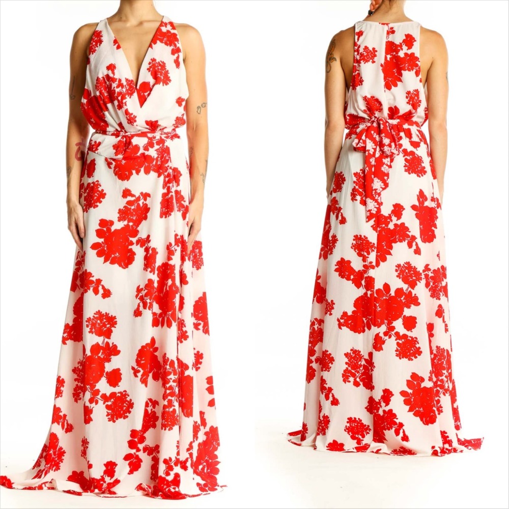 Premier Amour Red White Floral V-Neck Maxi Dress Tie Waist Plus Size 18